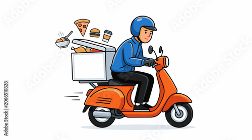 A cartoon delivery person riding an orange scooter with food items