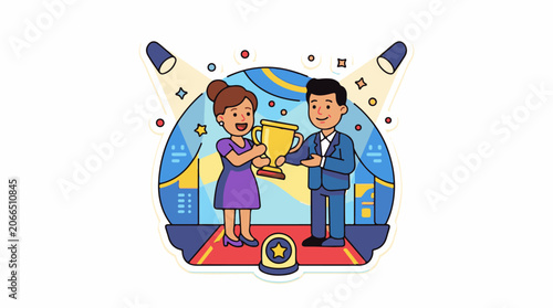 A cartoon illustration of a man and woman in business attire holding a trophy