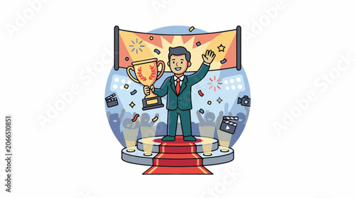 A cartoon man in a green suit holds a trophy on a red carpet