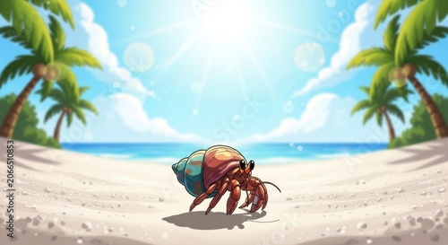 Hermit Crab on a Tropical Beach Under a Sunny Sky.