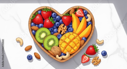 Heart Shaped Bowl Overflowing with Fresh Fruits and Nuts.