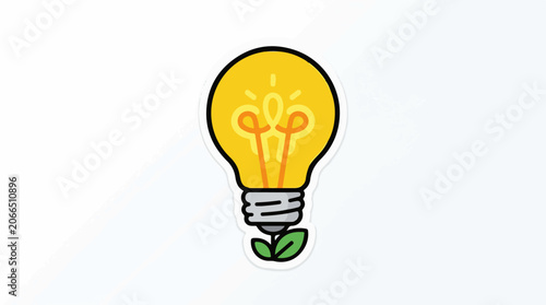 A cartoon light bulb with a green leaf at its base