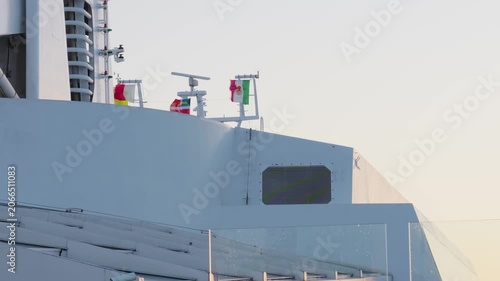 Los Angeles, California, USA – June 20, 2026: Detail of cruise ship deck and flags