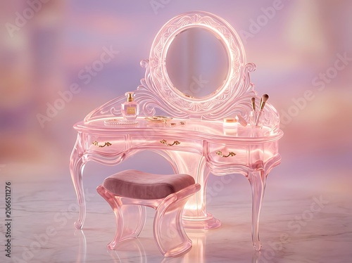 Pink Ethereal Glass Vanity Set with Glowing Circular Mirror and Elegant Stool for Dreamy Fantasy Interior Decor