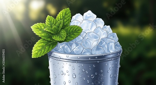 Refreshing Mint and Ice Bucket in Sunlight.