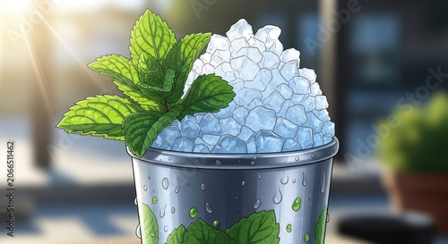 Refreshing Mint Ice Drink with Fresh Green Leaves.