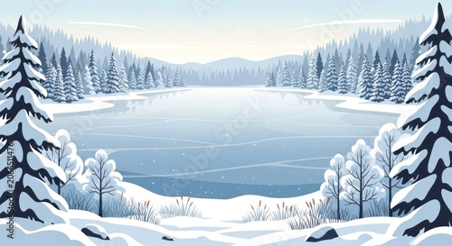 Serene Winter Landscape with Frozen Lake and SnowCovered Trees.