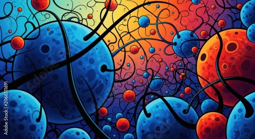 Vibrant Abstract Molecular Structure with Interconnected Orbits and Spheres.