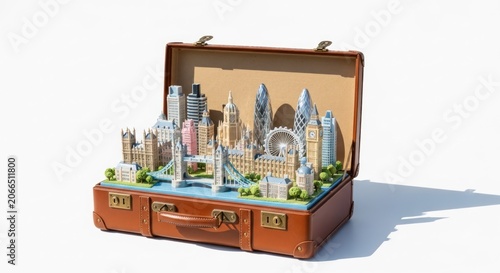 Miniature Cityscape Unfolds Inside Vintage Open Suitcase.