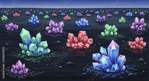 Vibrant Crystal Formations Emerging from Dark Water Under a Moody Sky.