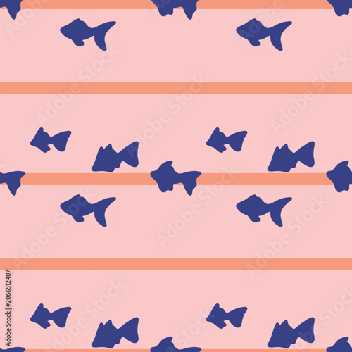 Seamless Fish Pattern with Blue Fish Silhouettes and Decorative Stripes on Pink Background
