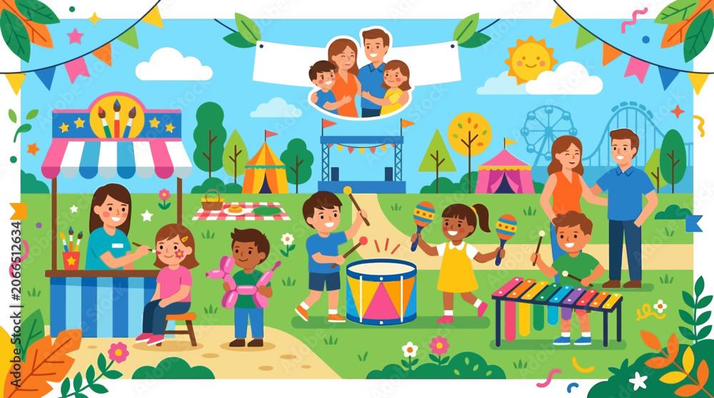 Naklejka premium A cheerful flat design illustration showcasing families and children enjoying the dedicated family zone at the Festival d'été de Québec, with playful activities and a happy atmosphere.