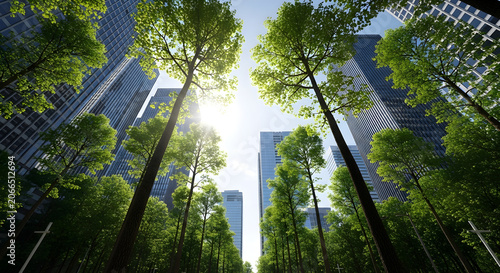 Looking up at tall glass skyscrapers through a lush green forest park in a modern city center on a bright sunny day