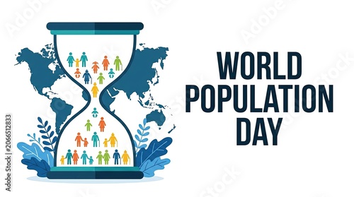 World Population Day Graphic Concept – Hourglass with Diverse People Icons and World Map Vector Banner