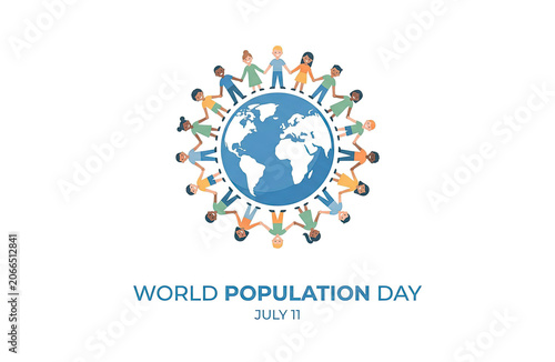 World Population Day July 11 Greeting Banner – Diverse Flat People Holding Hands Around Earth Planet Vector