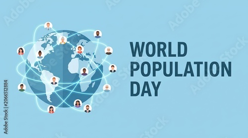 World Population Day Marketing Banner – Global Connection Network with Diverse User Avatars on Earth Vector