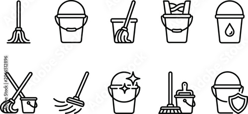 Fotografie Cleaning tools collection with buckets and mops in simple line art style on whit