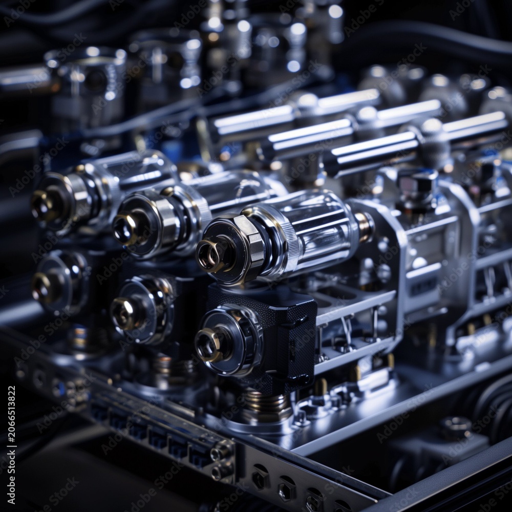 Naklejka premium High tech water cooling manifold connected to processor units, dark background.