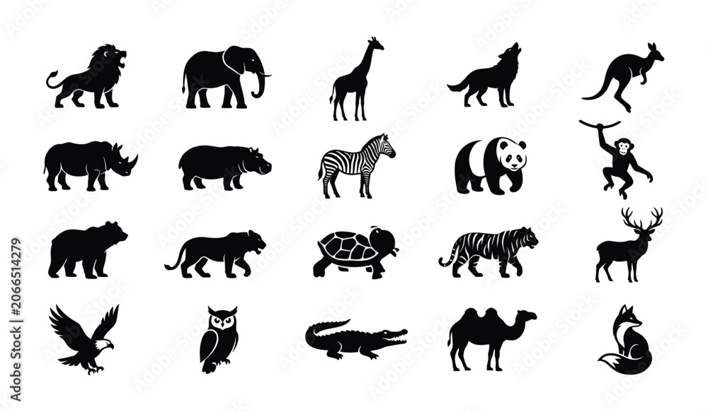 Obraz premium Set of black animal silhouette icons on a white background, wild and domestic creatures