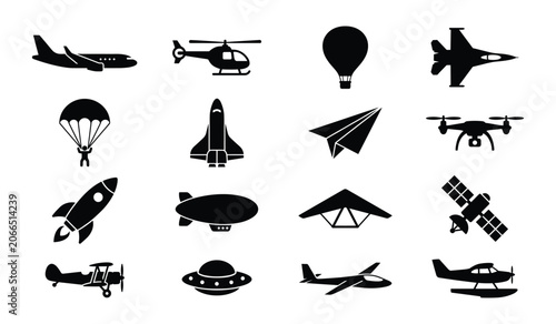 Set of black air transport silhouette icons on a white background, various flying machines