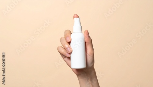 a stock photo showing a hand holding a white spray bottle, perfect for cosmetic product mockups. the image features a clean and minimal design with a soft beige background.