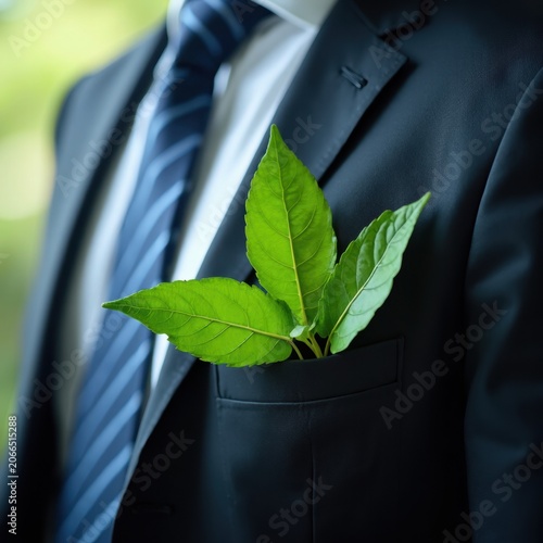 A Businessman with a Touch of Nature: Green Leaves in Suit Pocket