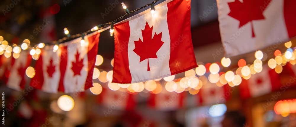 Naklejka premium Canadian Flags Bunting with Festive String Lights at Night - Canada Day Celebration