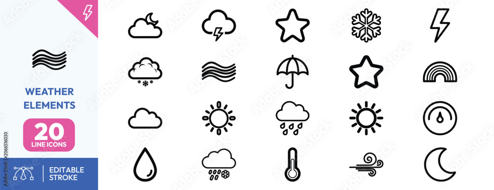 Naklejka premium Sky Phenomena icon set. Containing crescent moon, full moon, star, snowflake, lightning bolt, cloud variations, raindrop, sun, rainbow, wind gust, umbrella. Editable stroke. Vector illustration.
