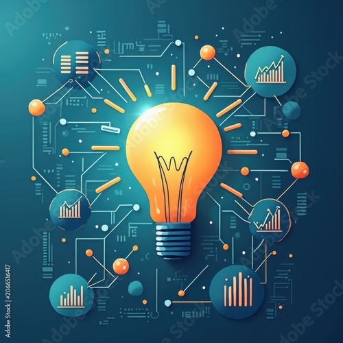 Creative Concept of Innovation and Data Analysis with a Light Bulb Surrounded by Graphs and Circuit Patterns