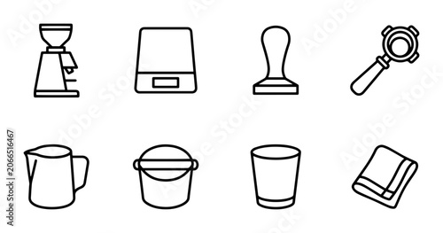 Bild auf Leinwand 8 Coffee Barista Tools Outline Icons, Flat, for Cafe and Beverage Service