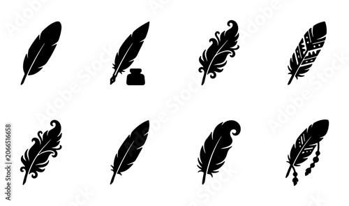 8 Feather Silhouette Icons, Flat, for Writing and Design