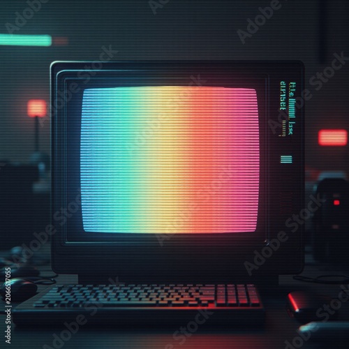 Retro Computer Monitor with Colorful Glitch Effect and Keyboard