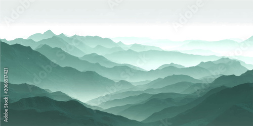 Obraz na plátně Misty mountains veiled ethereal blue haze, showcasing layered peaks serene tranquil landscape
