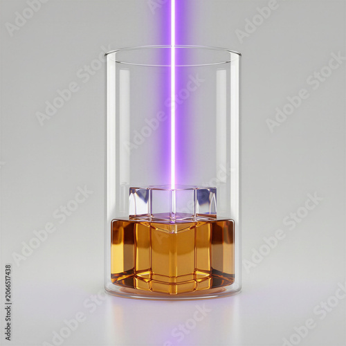 Laser curing process in additive manufacturing showing vertical violet beam creating a polymer object in resin.