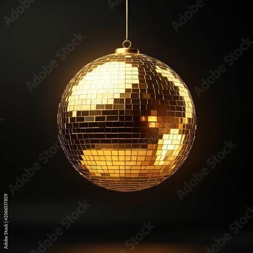 Shimmering Golden Disco Ball Hanging Against a Dark Background