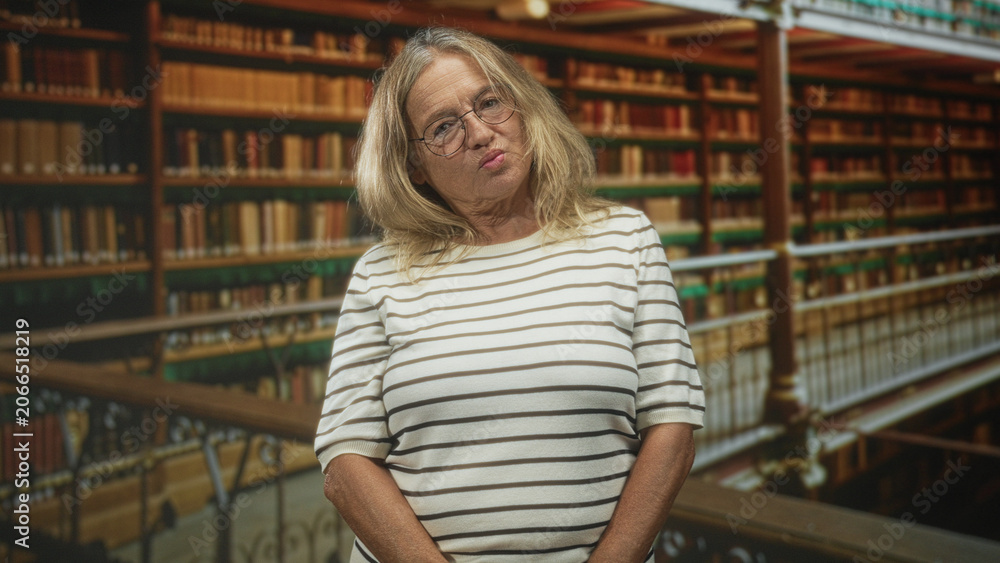 Fototapeta premium Senior woman tilting head, eyes closed, standing before tall bookshelves in a library; quiet reflection.