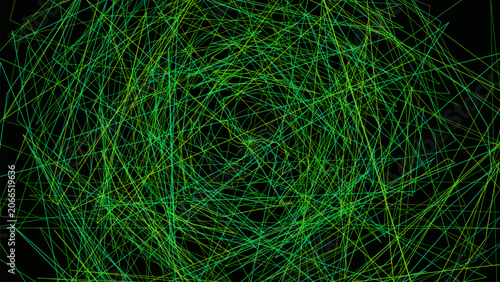 Quadro su tela Abstract chaotic network of thin crossing lines in vibrant green hues on black backdrop