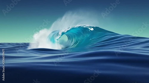 A powerful blue ocean wave curls under a clear sky