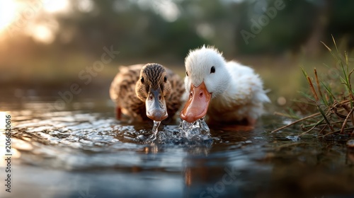 Two adorable ducks partake in a serene swim within shimmering waters, showcasing their natural companionship and the essence of wildlife. Ideal for nature enthusiasts.