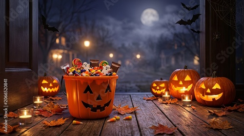 Jack o lantern bucket full of halloween candy on a porch at night