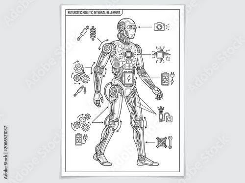 Full body humanoid robot blueprint with technical icons.
