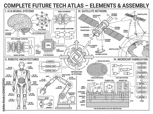 Future tech atlas covering AI robotics and satellites