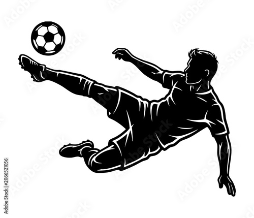 Foto silhouette illustration of a soccer player kicking the ball with a somersault style