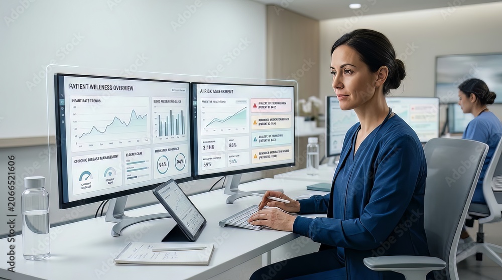 Fototapeta premium Healthcare professional using advanced ai dashboard for patient data analysis in modern clinic