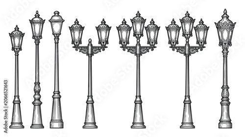 A collection of vintage street lamp illustrated in a detailed black and white style on a white background
