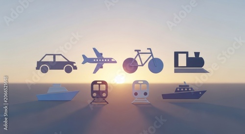 Collection of Transportation Icons Floating Against a Sunset Sky.