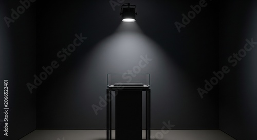 An empty glass display case on a dark stand under a single bright spotlight in a black room