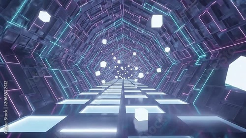 Futuristic neon tunnel with glowing cubes and geometric light patterns