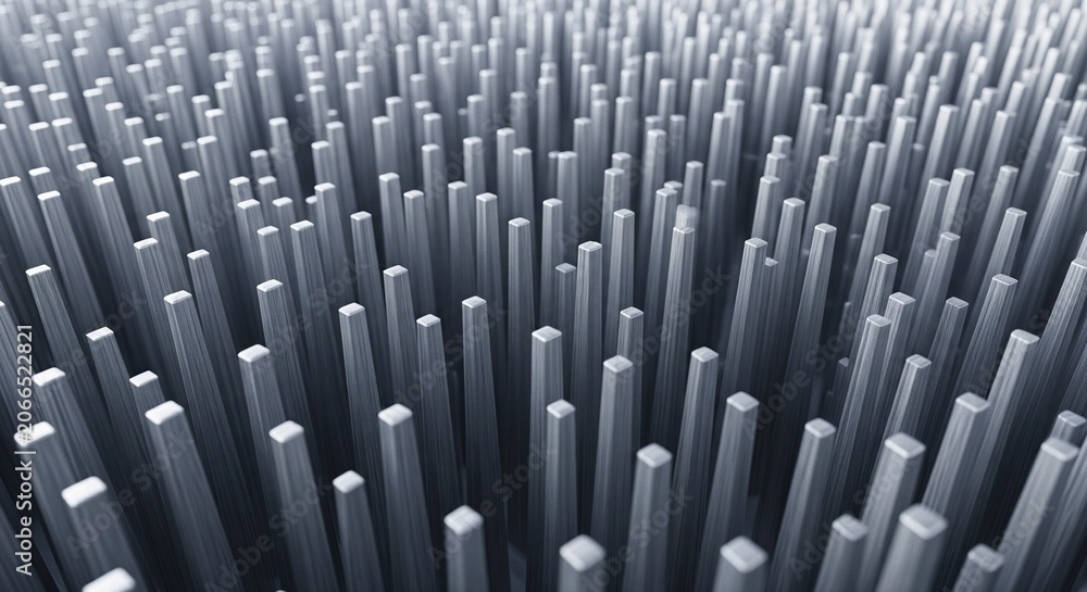 Fototapeta premium A dense field of vertical gray square pins or pillars of varying heights, creating an abstract metallic background