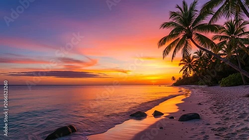 Stunning tropical beach sunset with palm trees and vibrant orange sky